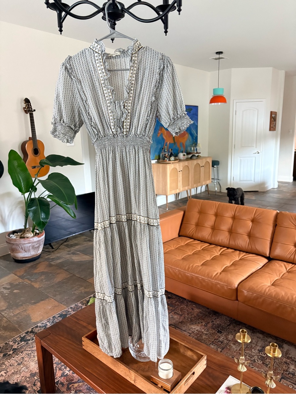 Boho-Style White Printed Maxi Dress with Ruffle Trim